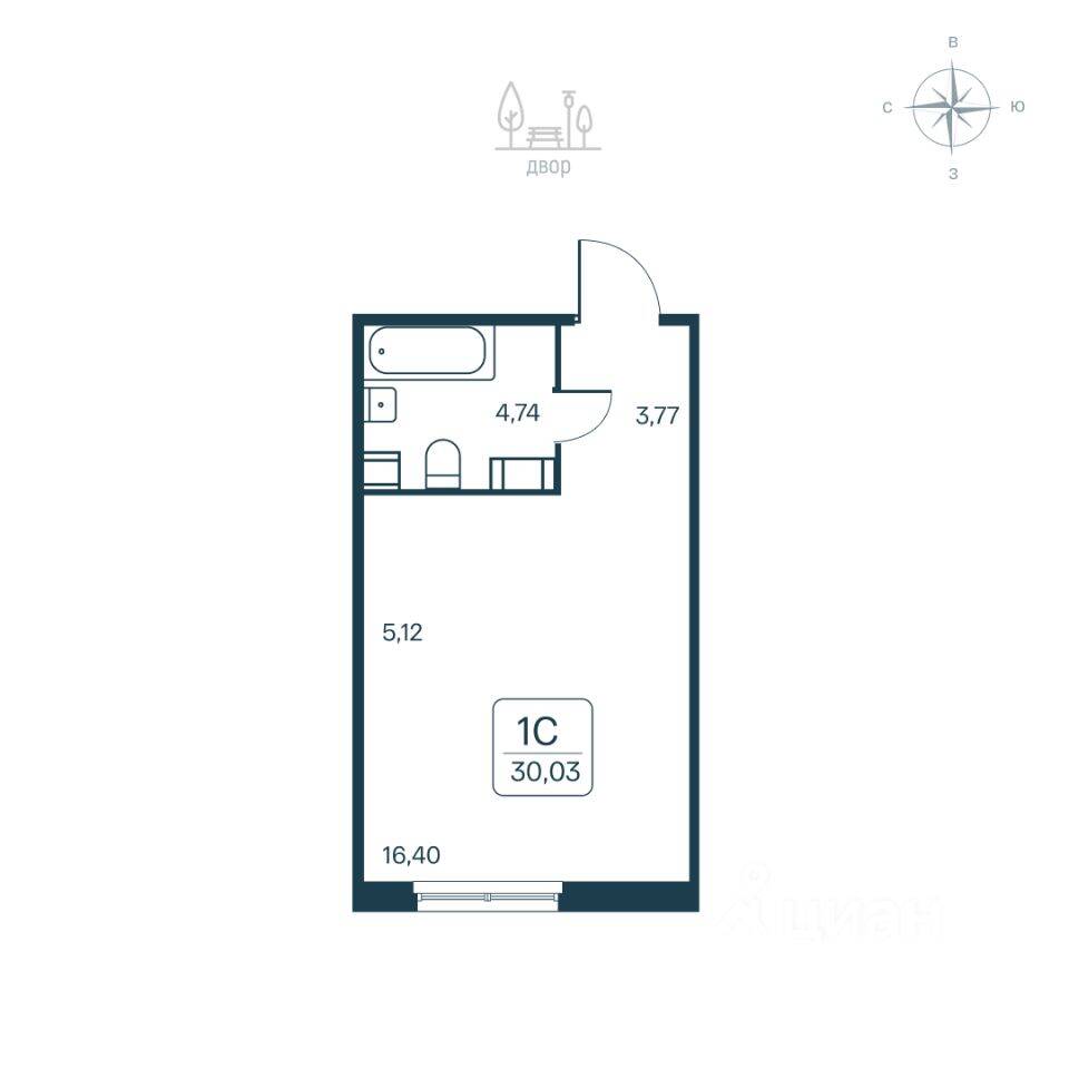Планировка 1 комнатной квартиры, 30.03 м², в «Расцветай в Янино»