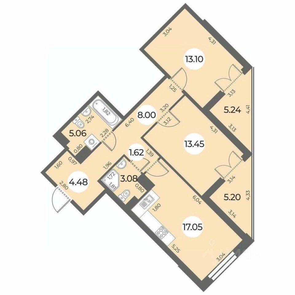 2-комн. квартира, 71,06 м², в ЖК «Огни Залива»