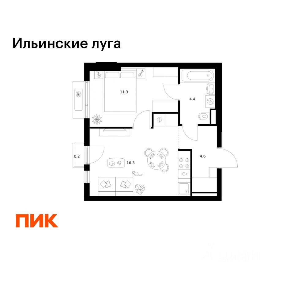 1-комн. квартира, 36,8 м², в ЖК «Ильинские луга»