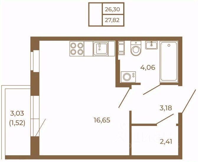 Планировка 1 комнатной квартиры, 27.82 м², в «Новая история»