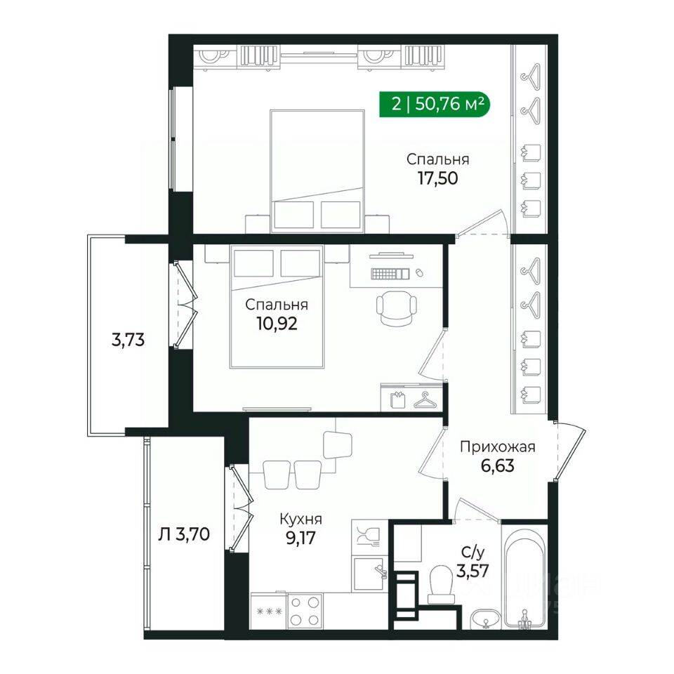 2-комн. квартира, 47,5 м², в ЖК Sertolovo Park