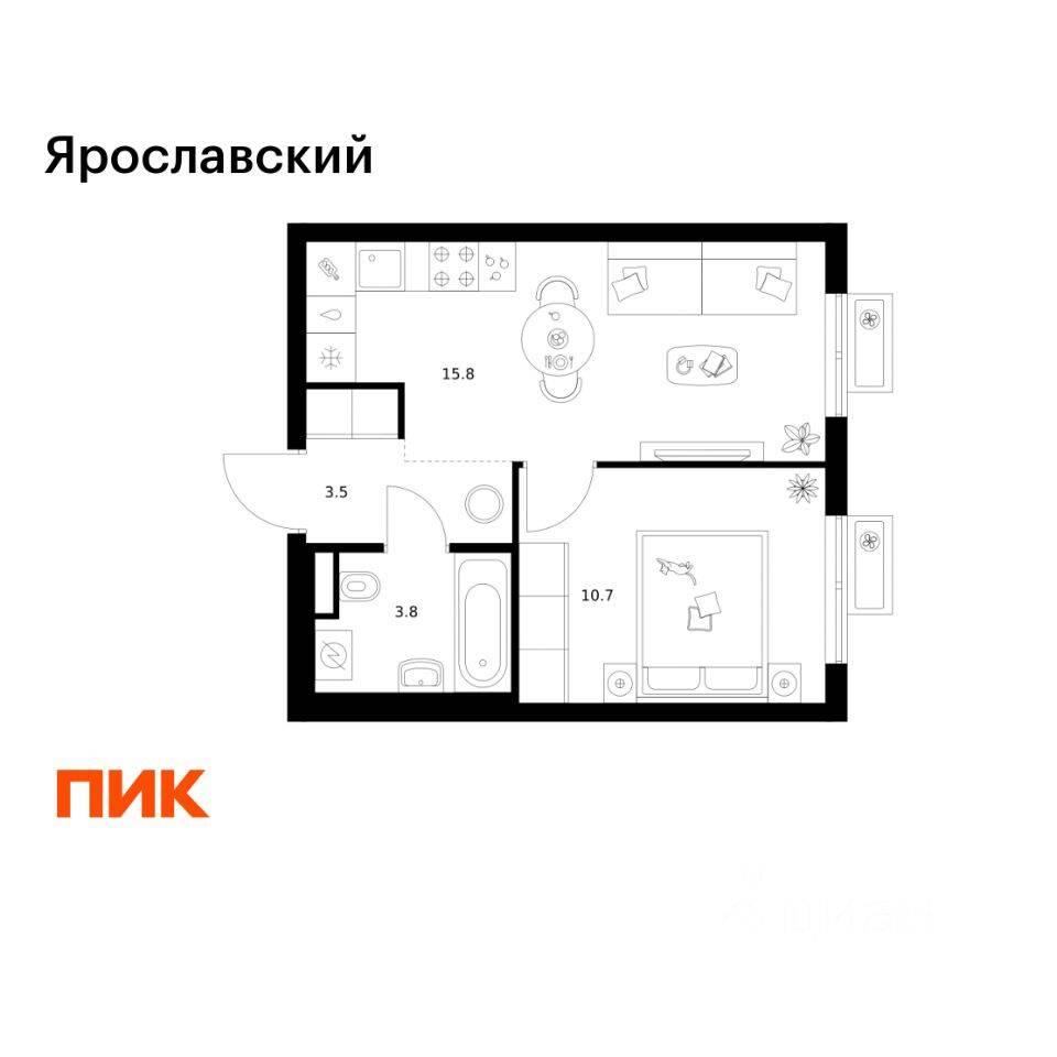 1-комн. квартира, 33,8 м², в ЖК «Ярославский»