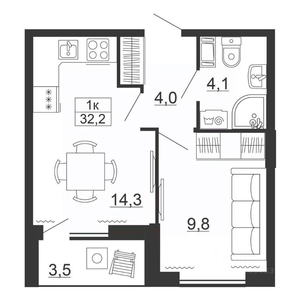 Планировка 1 комнатной квартиры, 32.2 м², в «Рубеж»
