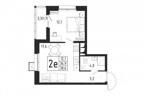Планировка 1 комнатной квартиры, 38.6 м², в «Берег»