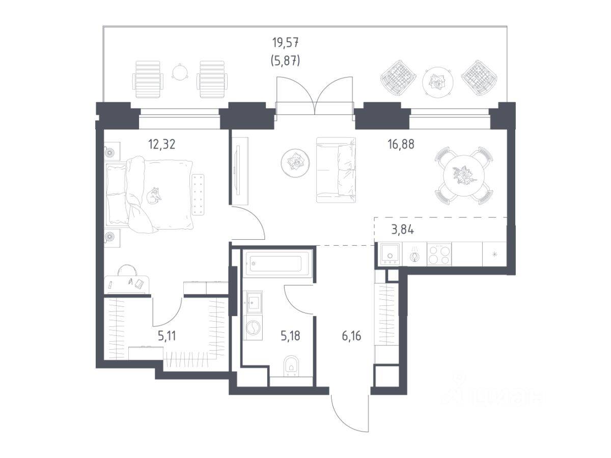 1-комн. квартира, 55,36 м², в Апарт-комплекс Верейская 41