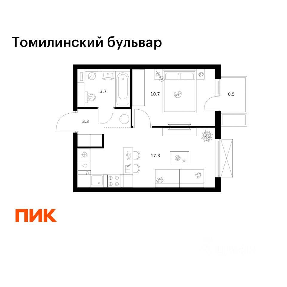 1-комн. квартира, 35,5 м², в ЖК Томилинский бульвар