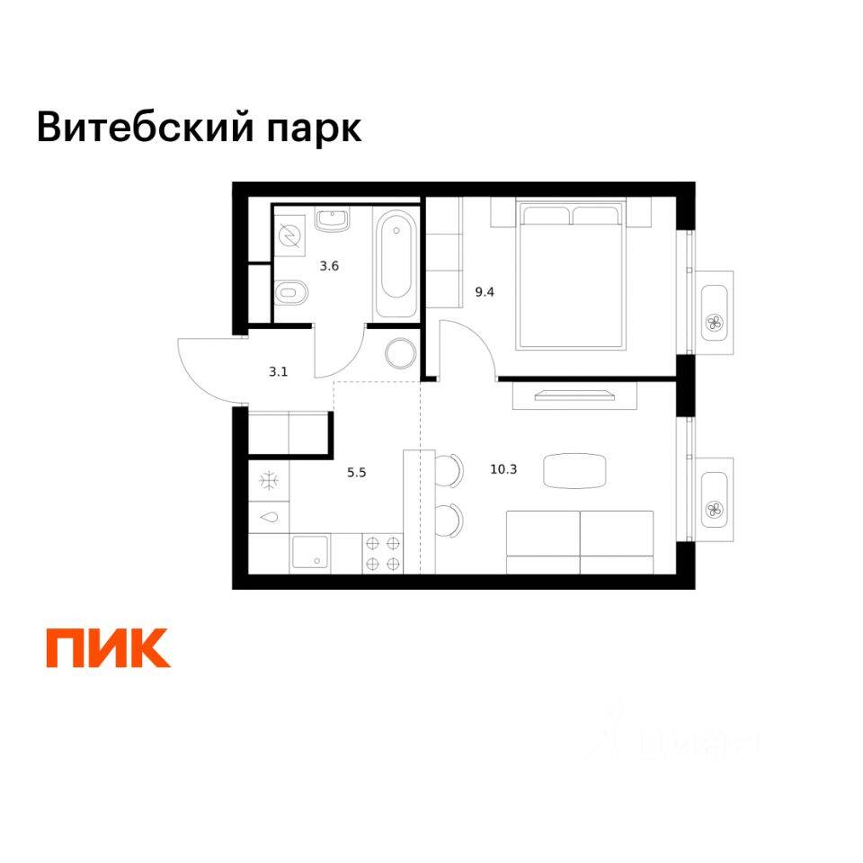 1-комн. квартира, 31,9 м², в ЖК Витебский парк