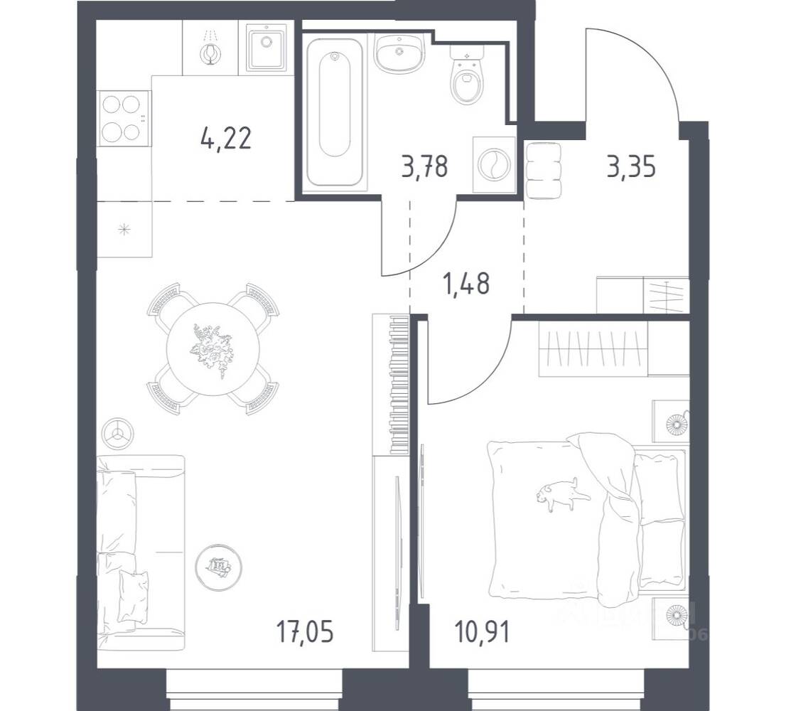 1-комн. квартира, 40,79 м², в ЖК Богдановский Лес