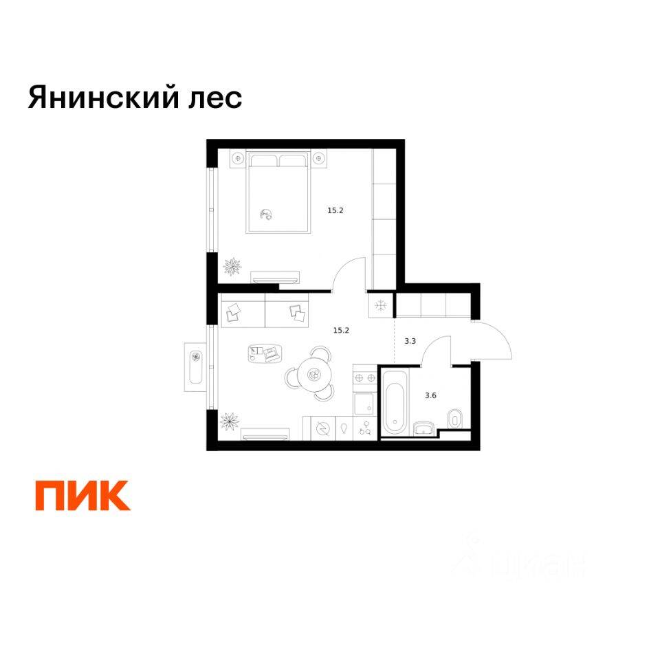 1-комн. квартира, 37,3 м², в ЖК Янинский лес