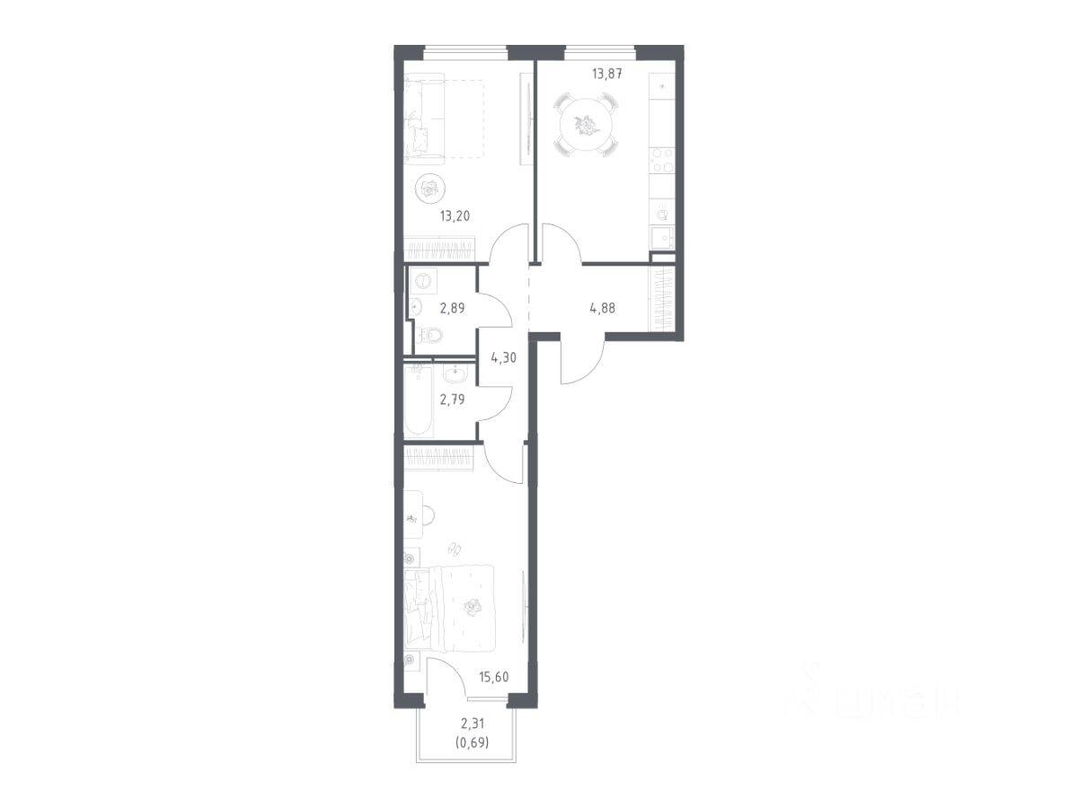 2-комн. квартира, 58,22 м², в ЖК Мытищи Парк