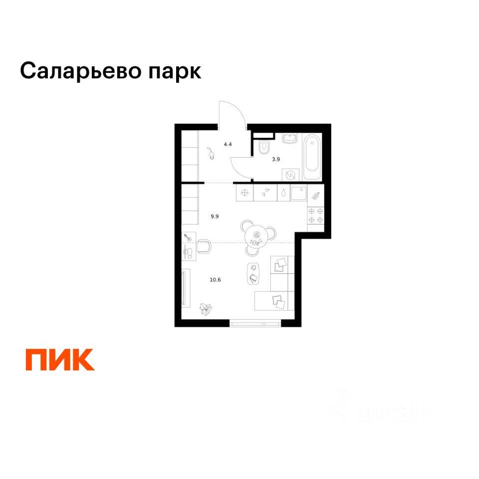 Планировка 1 комнатной квартиры, 28.8 м², в «Саларьево парк»