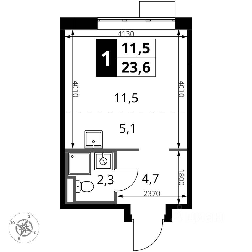 Планировка 1 комнатной квартиры, 23.6 м², в «1-й Донской»