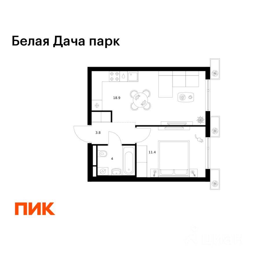 1-комн. квартира, 38,1 м², в ЖК «Белая Дача парк»