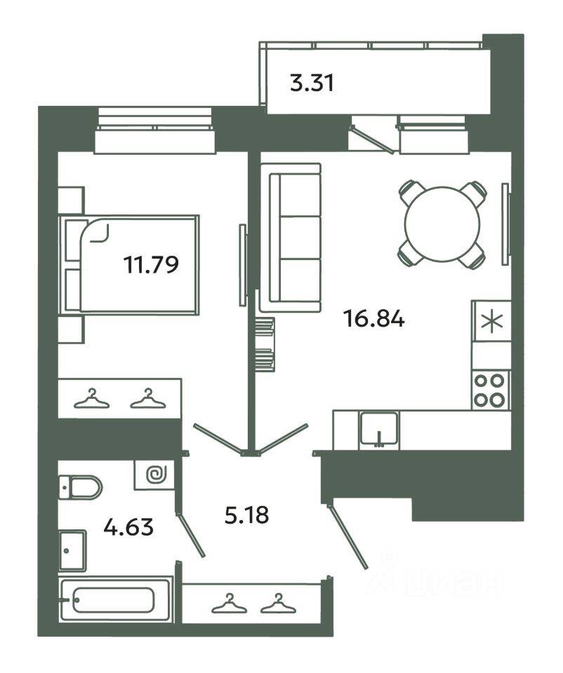 1-комн. квартира, 38,44 м², в ЖК Загляденье