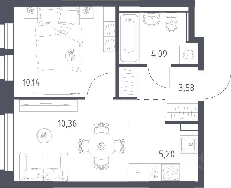 Планировка 1 комнатной квартиры, 33.37 м², в «Квартал Ивакино»