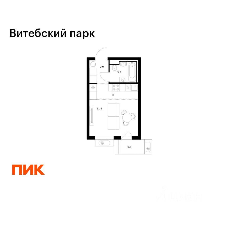 Квартира-студия, 23,9 м², в ЖК Витебский парк