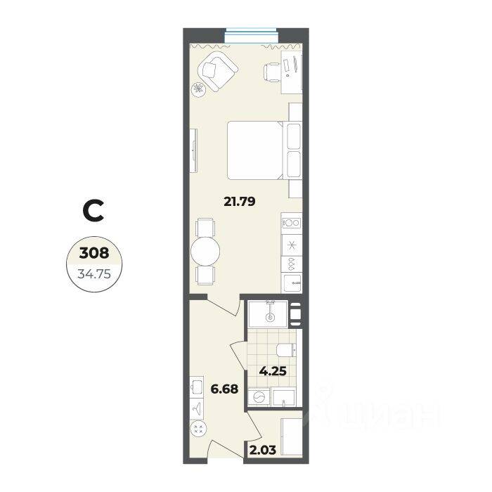 Квартира-студия, 34,75 м², в Апарт-комплекс Лиговский, 127