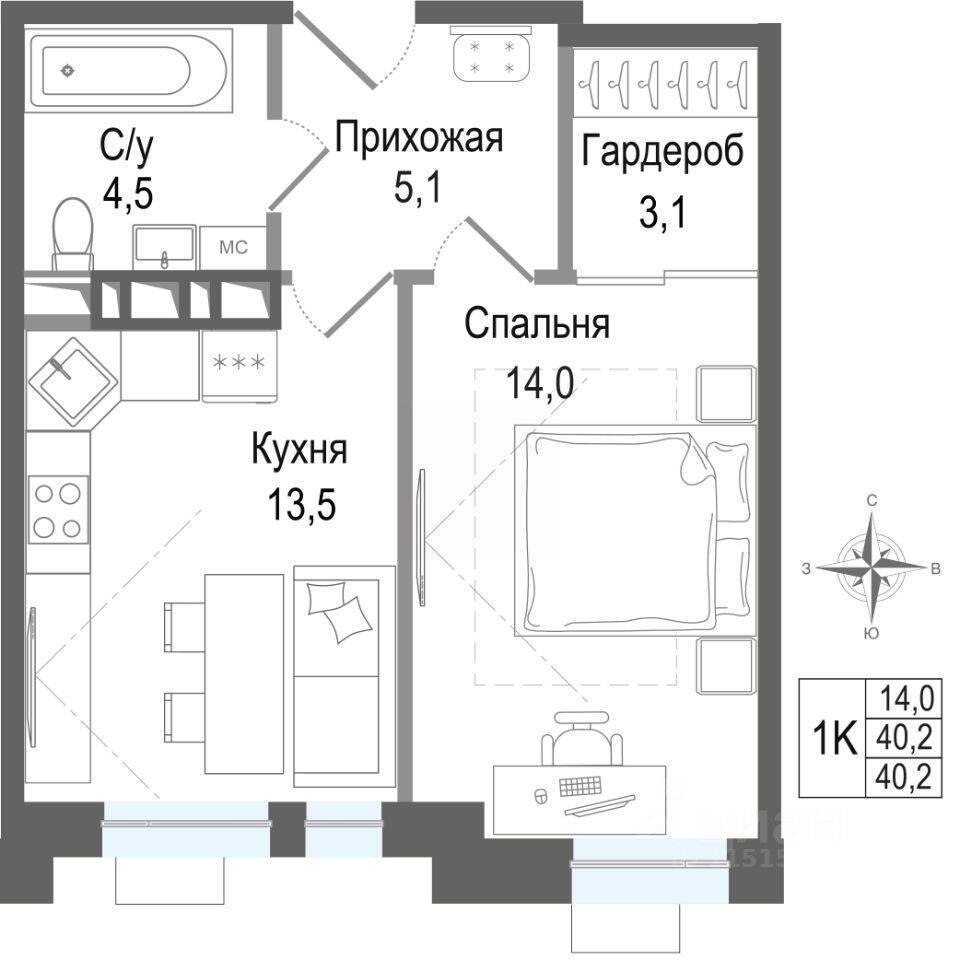 1-комн. квартира, 40,2 м², в ЖК Киноквартал