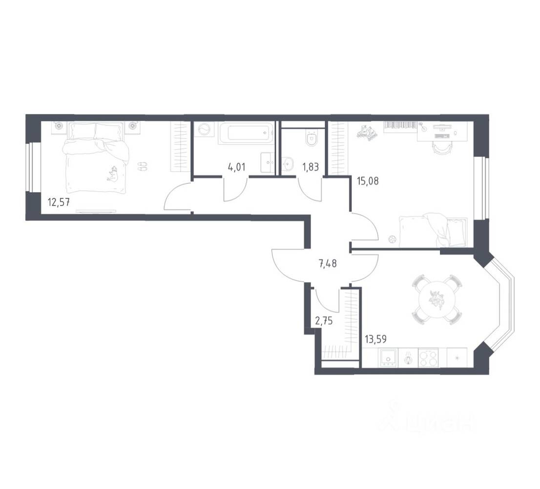 2-комн. квартира, 57,31 м², в ЖК Квартал Домашний