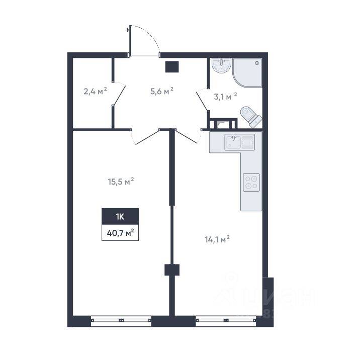 Планировка 1 комнатной квартиры, 40.7 м², в «Ромашки»