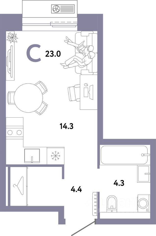 Планировка 1 комнатной квартиры, 23 м², в «Страна.Заречная»