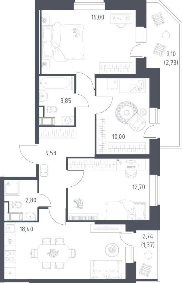 3-комн. квартира, 77,38 м², в ЖК «Живи! В Рыбацком»