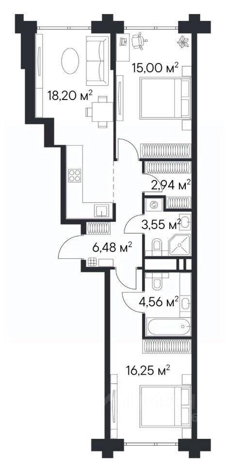 2-комн. квартира, 66,98 м², в ЖК 1-й Нагатинский