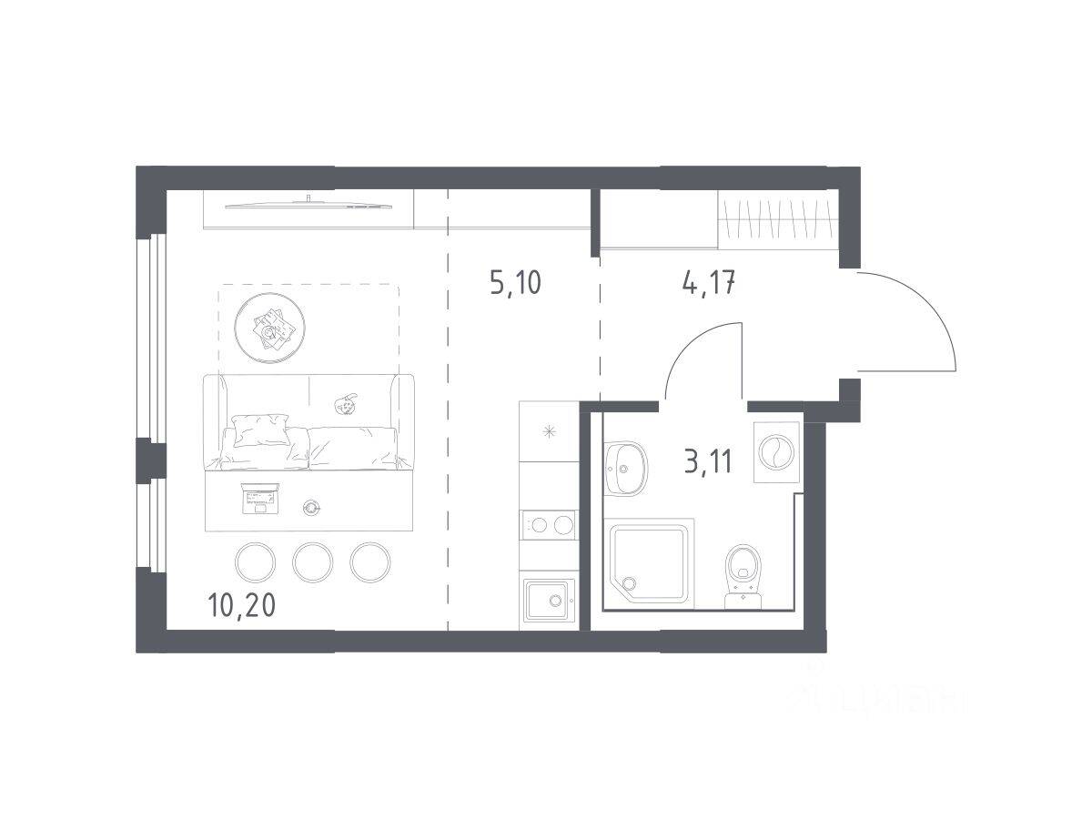 Планировка 1 комнатной квартиры, 22.58 м², в «Пригород Лесное»