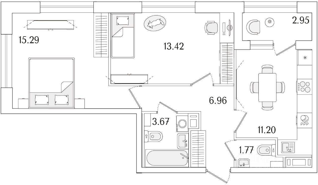 2-комн. квартира, 53,79 м², в ЖК «Аурум»