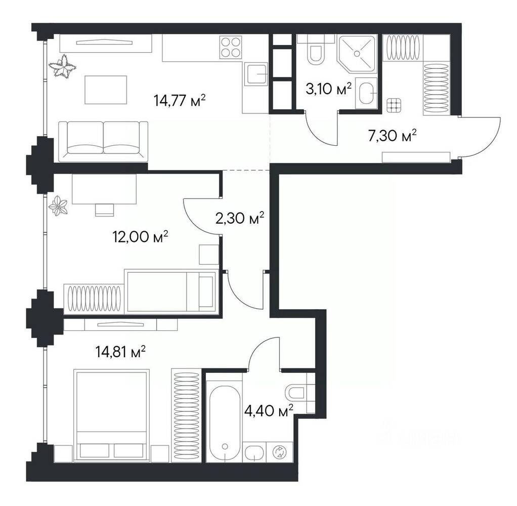 2-комн. квартира, 58,68 м², в ЖК 1-й Нагатинский