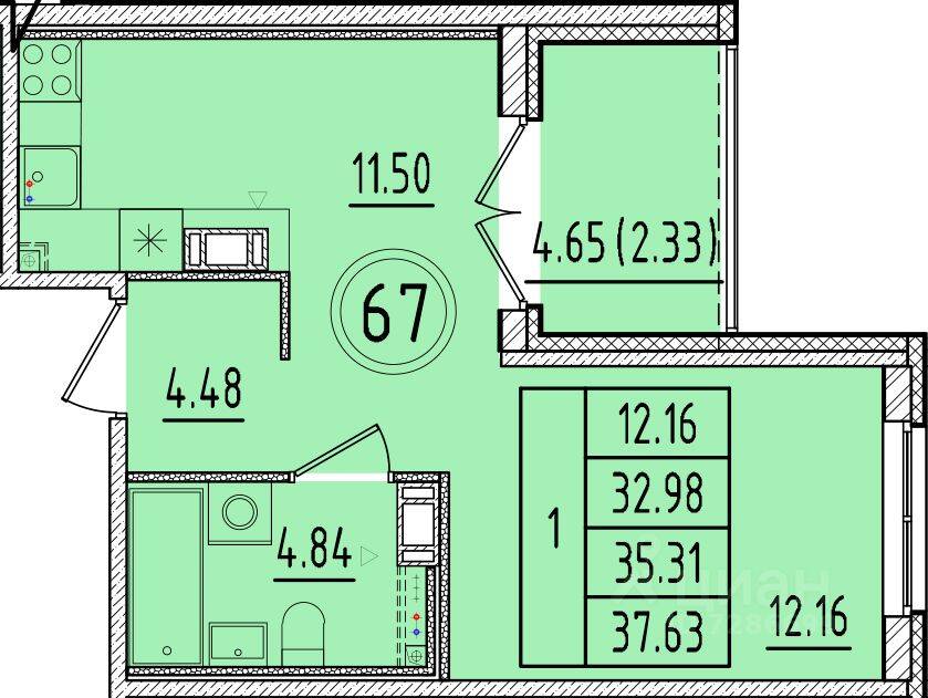 1-комн. квартира, 32,98 м², в Малоэтажный ЖК Образцовый квартал 17