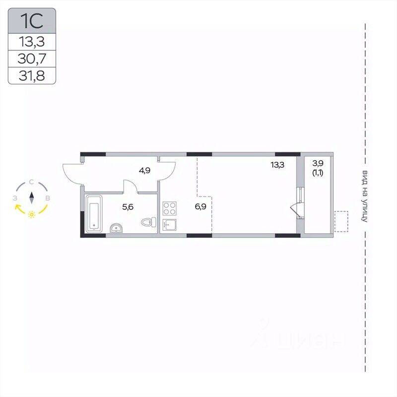 Квартира-студия, 31,8 м², в ЖК «Пироговская Ривьера»