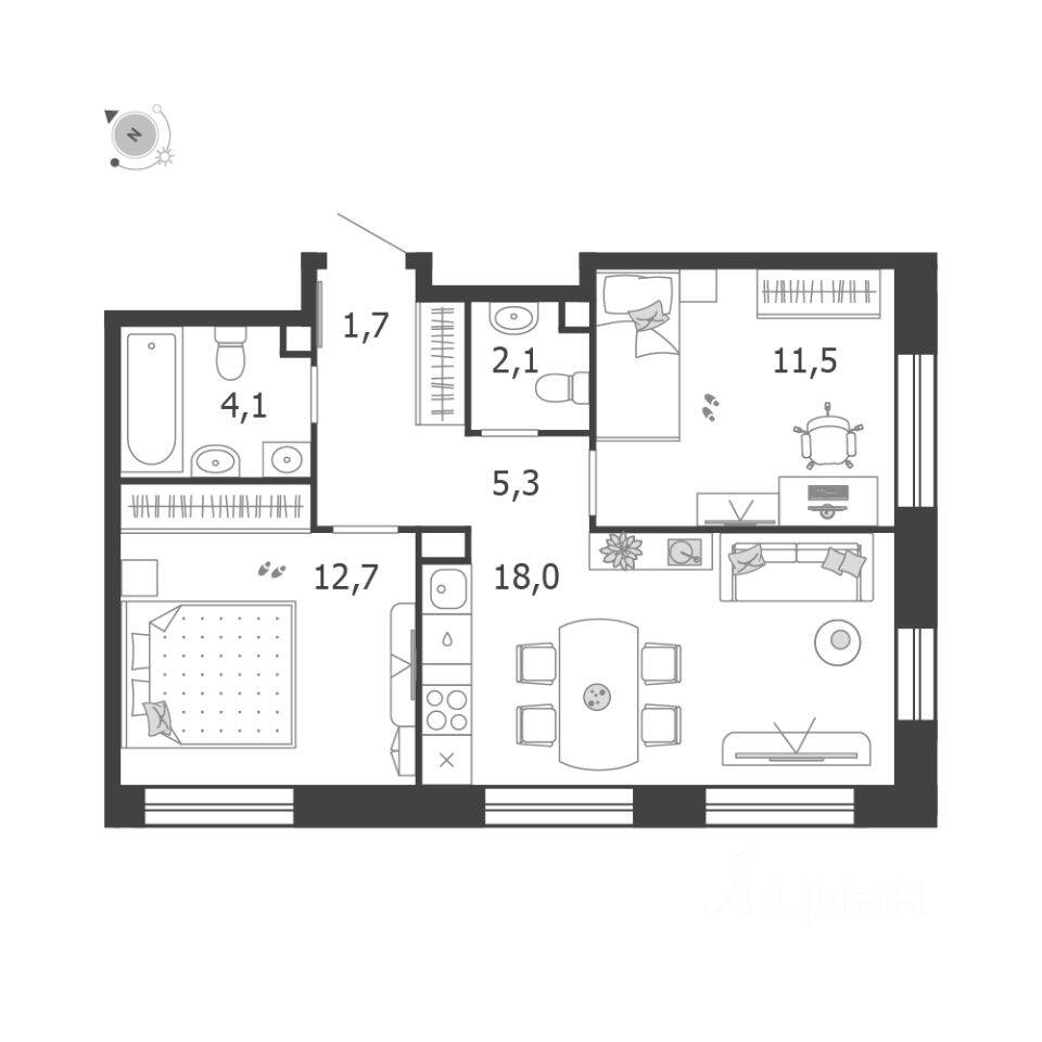 2-комн. квартира, 55,5 м², в ЖК Жилой квартал Shagal