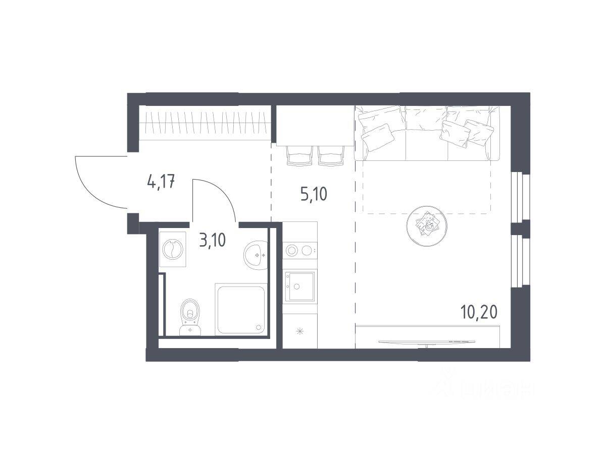 Квартира-студия, 22,57 м², в ЖК «Пригород Лесное»