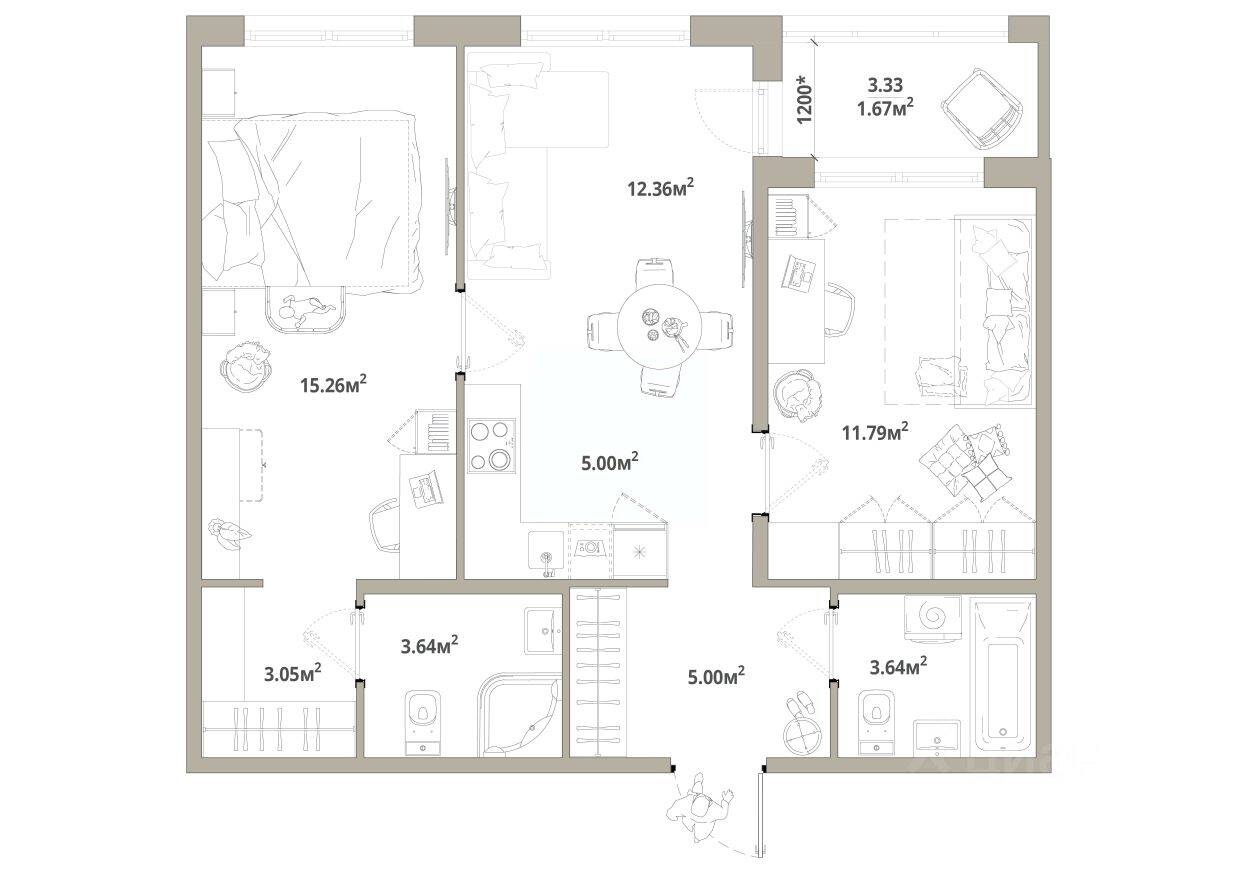 2-комн. квартира, 61,41 м², в ЖК «Тишин»