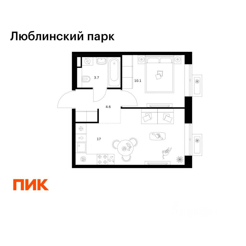 1-комн. квартира, 35,4 м², в ЖК «Люблинский парк»