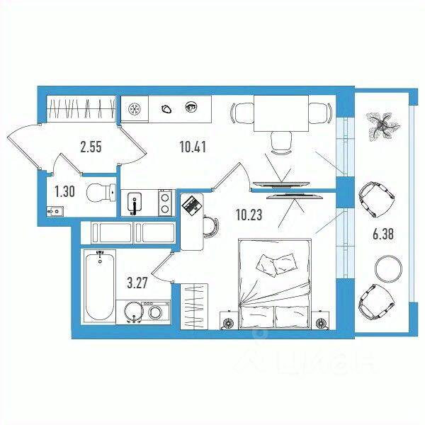 Планировка 1 комнатной квартиры, 29.67 м², в «Искра Сити»