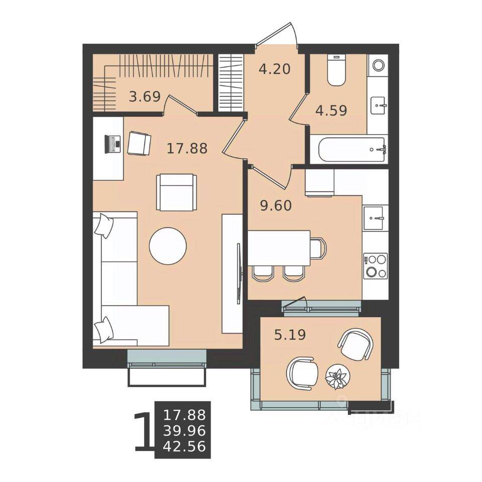 1-комн. квартира, 42,56 м², в ЖК Мишино-2