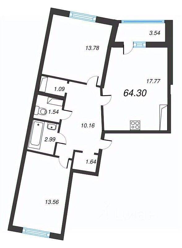 3-комн. квартира, 64,3 м², в ЖК Левитан