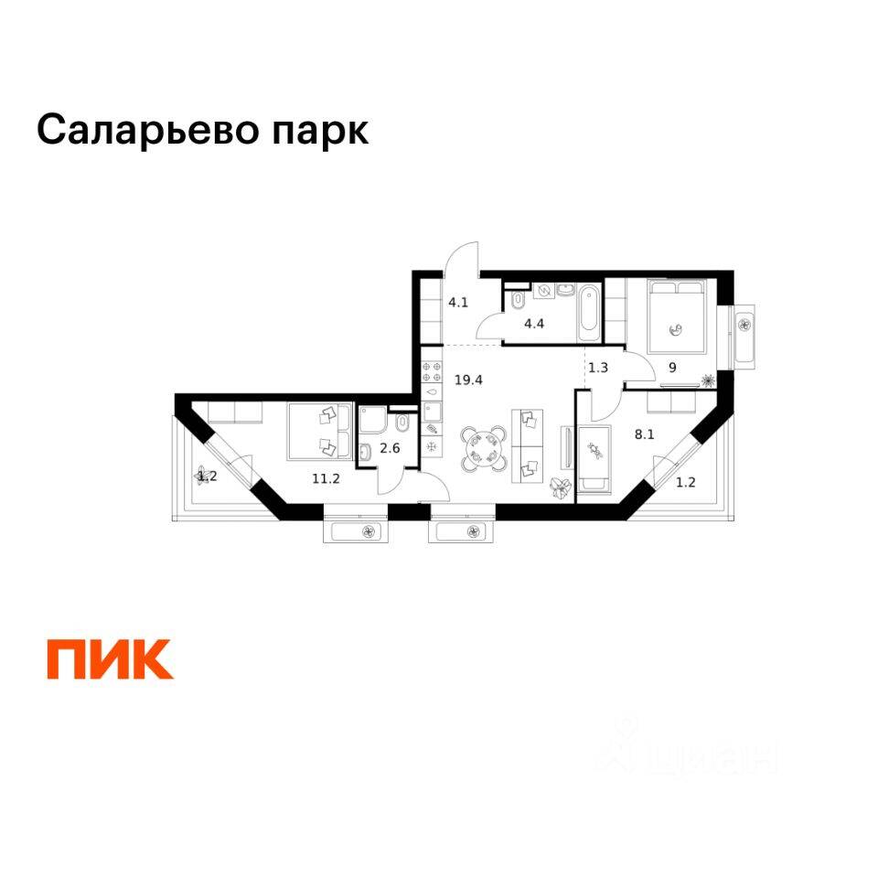 3-комн. квартира, 62,5 м², в ЖК «Саларьево парк»