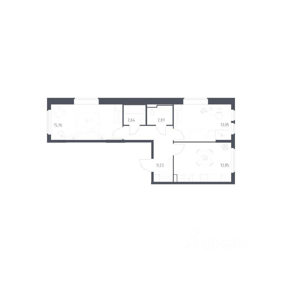 2-комн. квартира, 57,4 м², в ЖК «Остафьево»