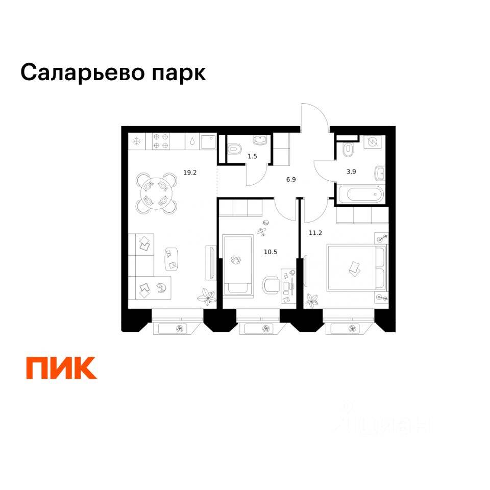 2-комн. квартира, 53,2 м², в ЖК «Саларьево парк»