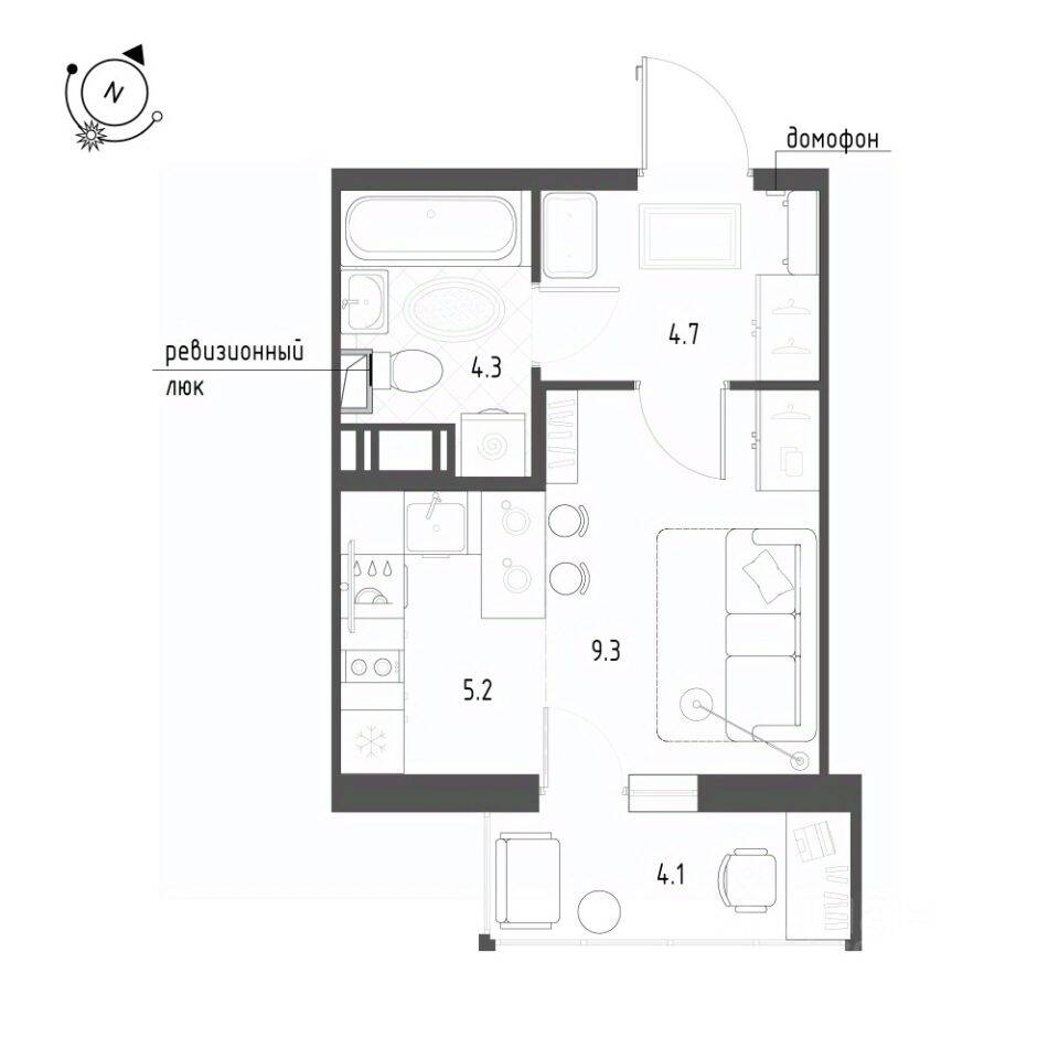 Квартира-студия, 24,8 м², в ЖК Монография