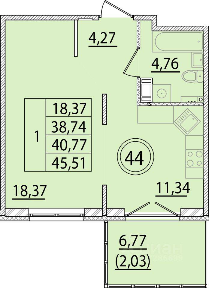 1-комн. квартира, 38,74 м², в Малоэтажный ЖК Образцовый квартал 15