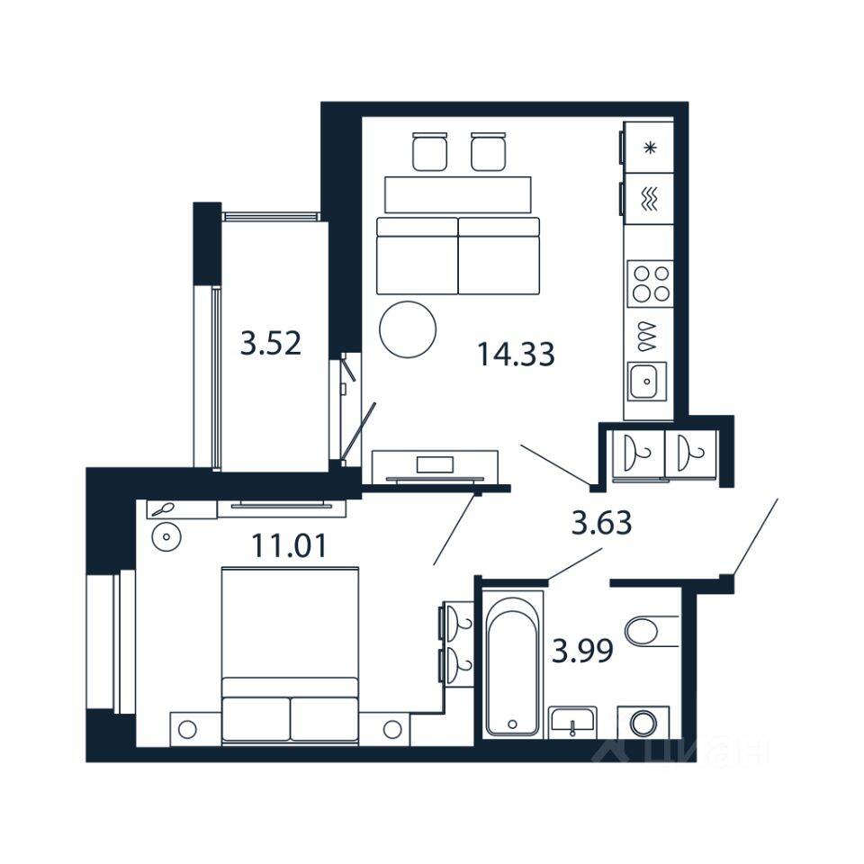 1-комн. квартира, 32,6 м², в ЖК Полис Новоселье