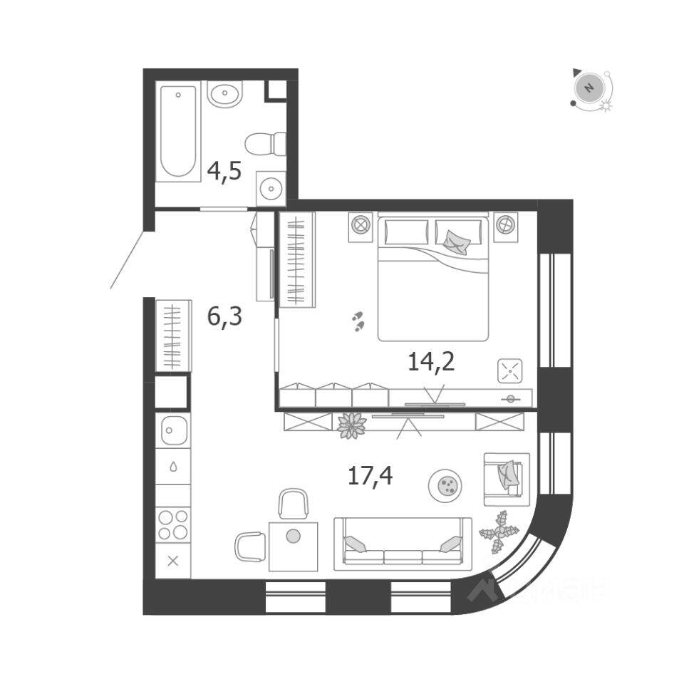 1-комн. квартира, 42,4 м², в ЖК Жилой квартал Shagal