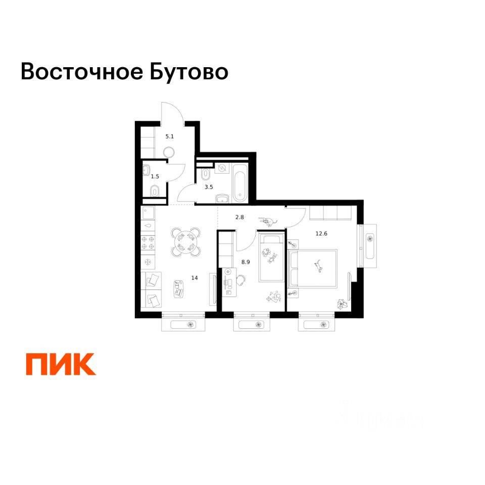 2-комн. квартира, 48,4 м², в ЖК «Восточное Бутово»