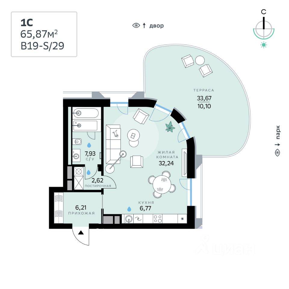 Планировка 1 комнатной квартиры, 65.87 м², в «СберСити»
