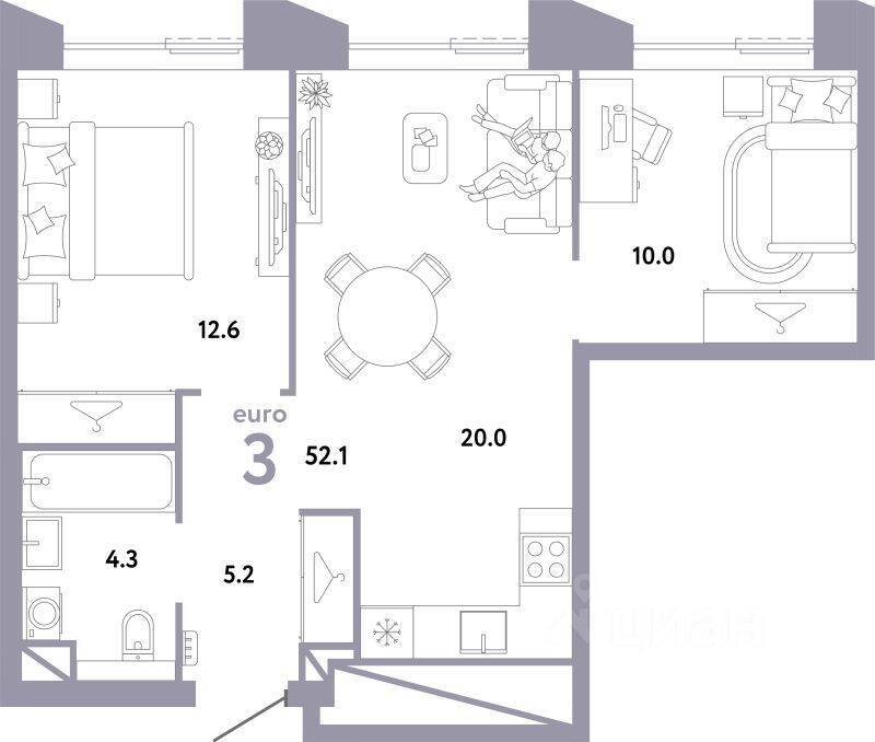 3-комн. квартира, 52,1 м², в ЖК Страна.Заречная