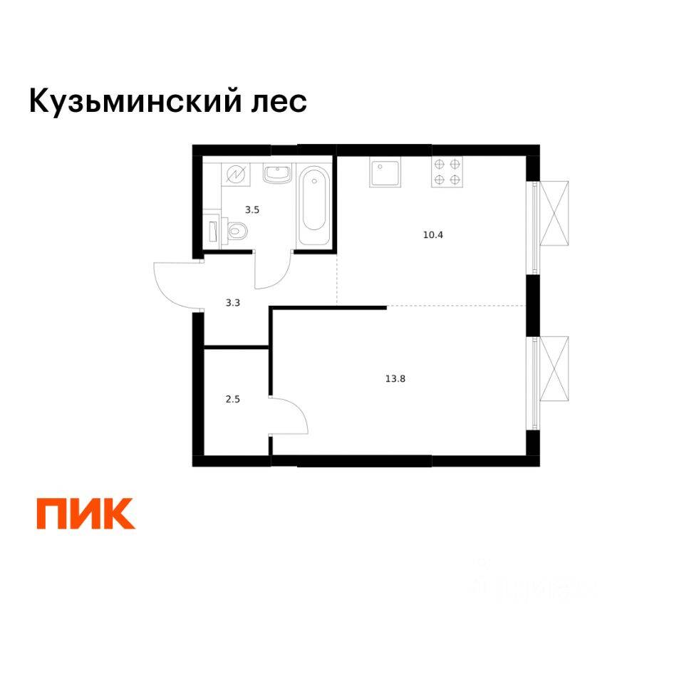 Планировка 1 комнатной квартиры, 33.5 м², в «Кузьминский лес»